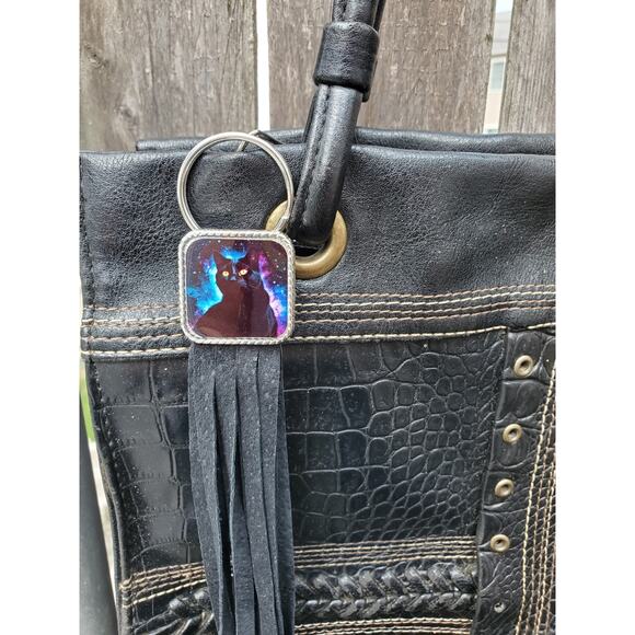 Handmade spooky cat boho Leather Fringe Western bag charm, Long fringe keychain - Picture 2 of 5